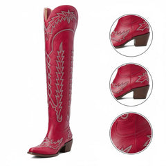 Tuhoomall Western Knee High Boots for Women, Floral Embroidery, Rubber Sole, Adjustable Buckle, Chunky Heel, All-Season Casual Wear