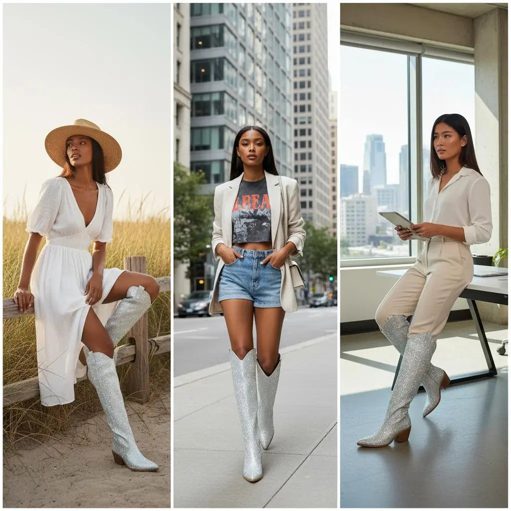 Tuhoomall Western Over-Knee Cowboy Boots With Chunky Heel, Rhinestone-Studded Vegan Leather, Casual All-Season Style, Round Toe, Zipper Closure Tuhoomall