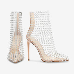 Tuhoomall Elegant Pointed Toe Short Ankle Boots with Zipper, Studs for Party and Runway, 12cm High Heel, All-Season Fashion Footwear