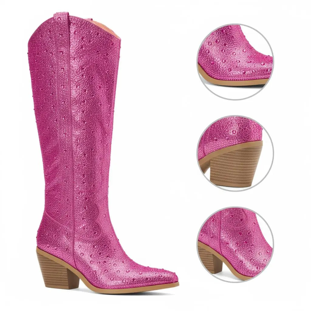 Tuhoomall Rhinestone Western Mid Calf Boots For Women - Chunky Heel & Easy Zip Closure, Stylish For Travel And Weddings Tuhoomall