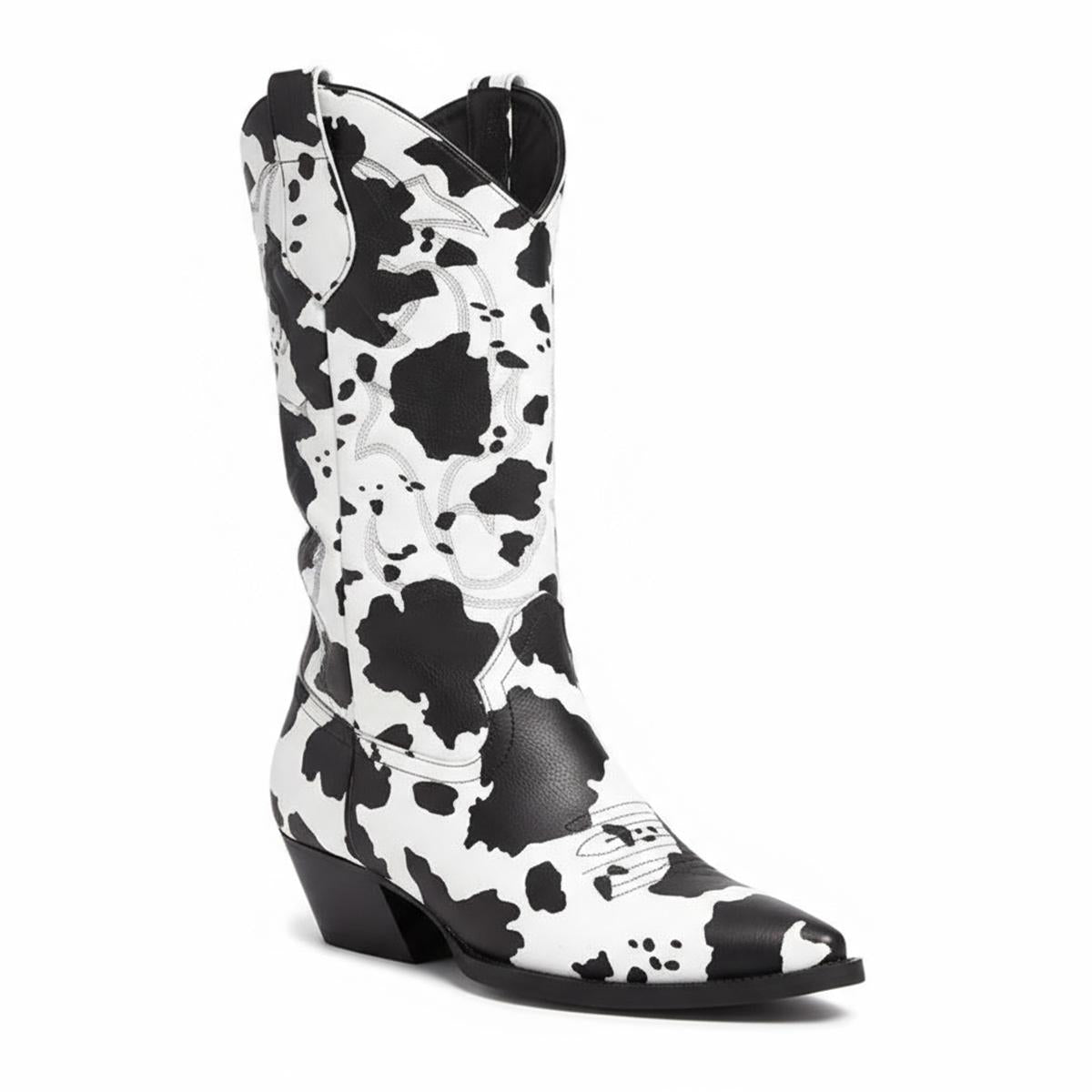 Tuhoomall Cow Pattern Western Boots for Women, Round Toe, Chunky 1.57in Heel, Casual Slip-On Mid-Calf Design, Stylish All-Season Footwear