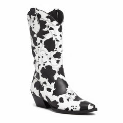 Tuhoomall Cow Pattern Western Boots for Women, Round Toe, Chunky 1.57in Heel, Casual Slip-On Mid-Calf Design, Stylish All-Season Footwear
