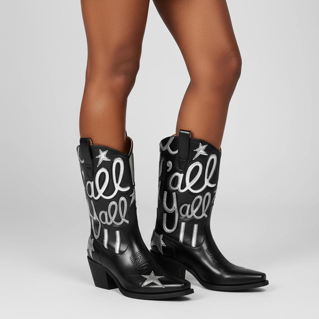 Tuhoomall Comfortable Western Boots for Fashion Parties and Daily Wear with Star and Letter Embroidery, Chunky Heel, Slip-On Design Tuhoomall