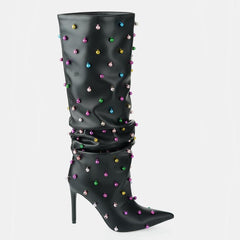 Tuhoomall Wrinkled Western Knee High Boots for Women with Pointed Toe, Sparkling Accents, Ideal for Fashionable Casual Outdoor Wear