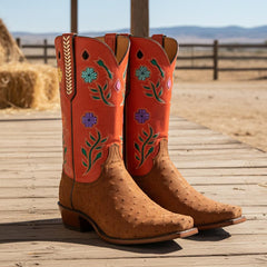 Tuhoomall Western Embroidered Mid-Calf Boots for Women, Chunky Heel Stylish Slip-On Casual Shoes