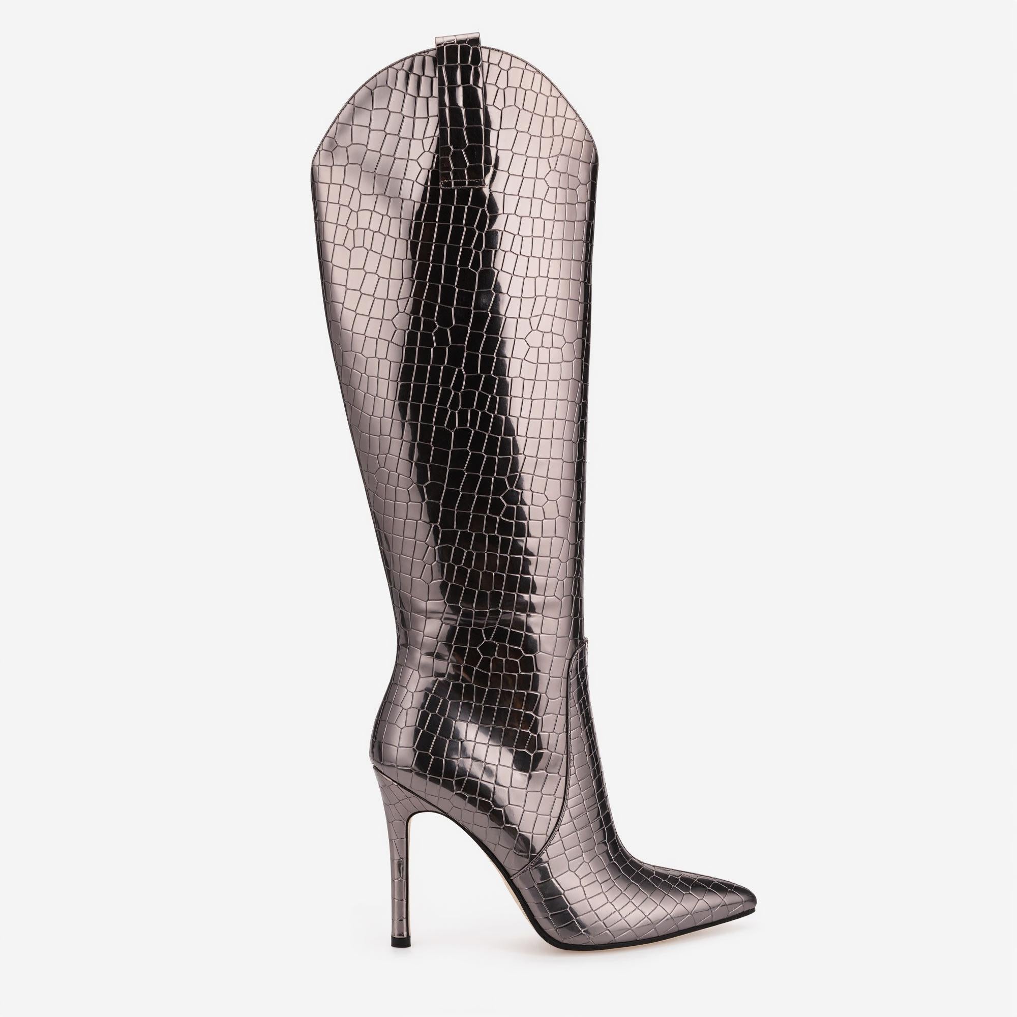 Tuhoomall Knee-High Fashion Boots for Parties and Performances with 10.7cm Metallic Glossy Stiletto Heels and Pointed Toe Design