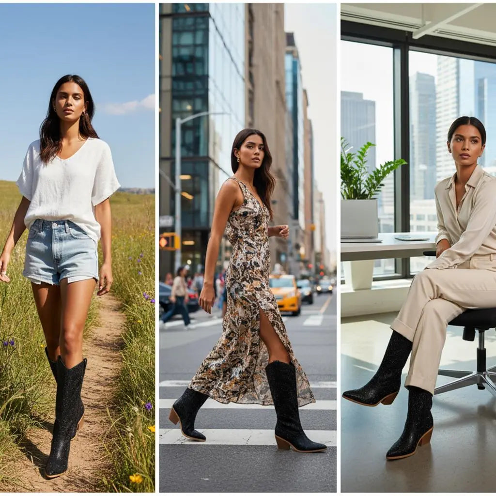 Tuhoomall Rhinestone Western Mid Calf Boots For Women - Chunky Heel & Easy Zip Closure, Stylish For Travel And Weddings Tuhoomall