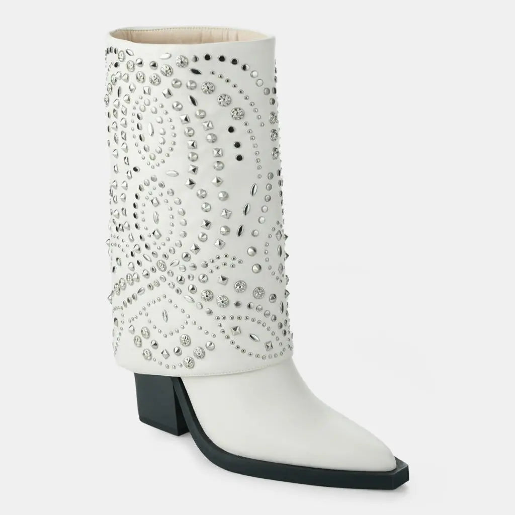 Tuhoomall Western Cowboy Boots For Women, Mid-Calf Foldable Design, Trendy Geometric Pattern, Chunky Heel, Sparkling Studs, Perfect For Outdoor Fashion Tuhoomall