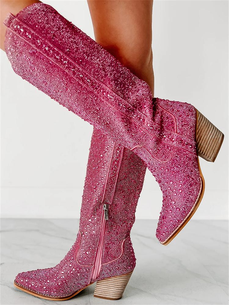 Tuhoomall Rhinestone Western Mid Calf Boots For Women - Chunky Heel & Easy Zip Closure, Stylish For Travel And Weddings