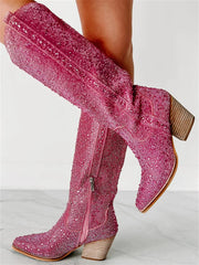 Tuhoomall Rhinestone Western Mid Calf Boots For Women - Chunky Heel & Easy Zip Closure, Stylish For Travel And Weddings