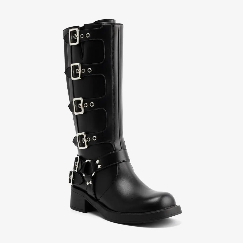 Tuhoomall Vintage Stylish Casual Boots for Women, Comfortable Mid-Calf Square-Toe with Chunky Heel, Adjustable Buckle, All-Season Wear Tuhoomall