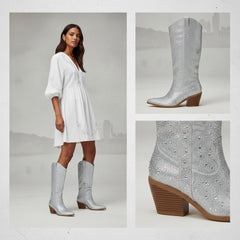 Tuhoomall Rhinestone Western Mid Calf Boots For Women - Chunky Heel & Easy Zip Closure, Stylish For Travel And Weddings