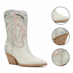 Tuhoomall Floral Ankle Cowboy Boots for Women, Low Chunky Heel 2.75 in, Elegant Vegan Leather, Perfect for Casual and Formal Occasions