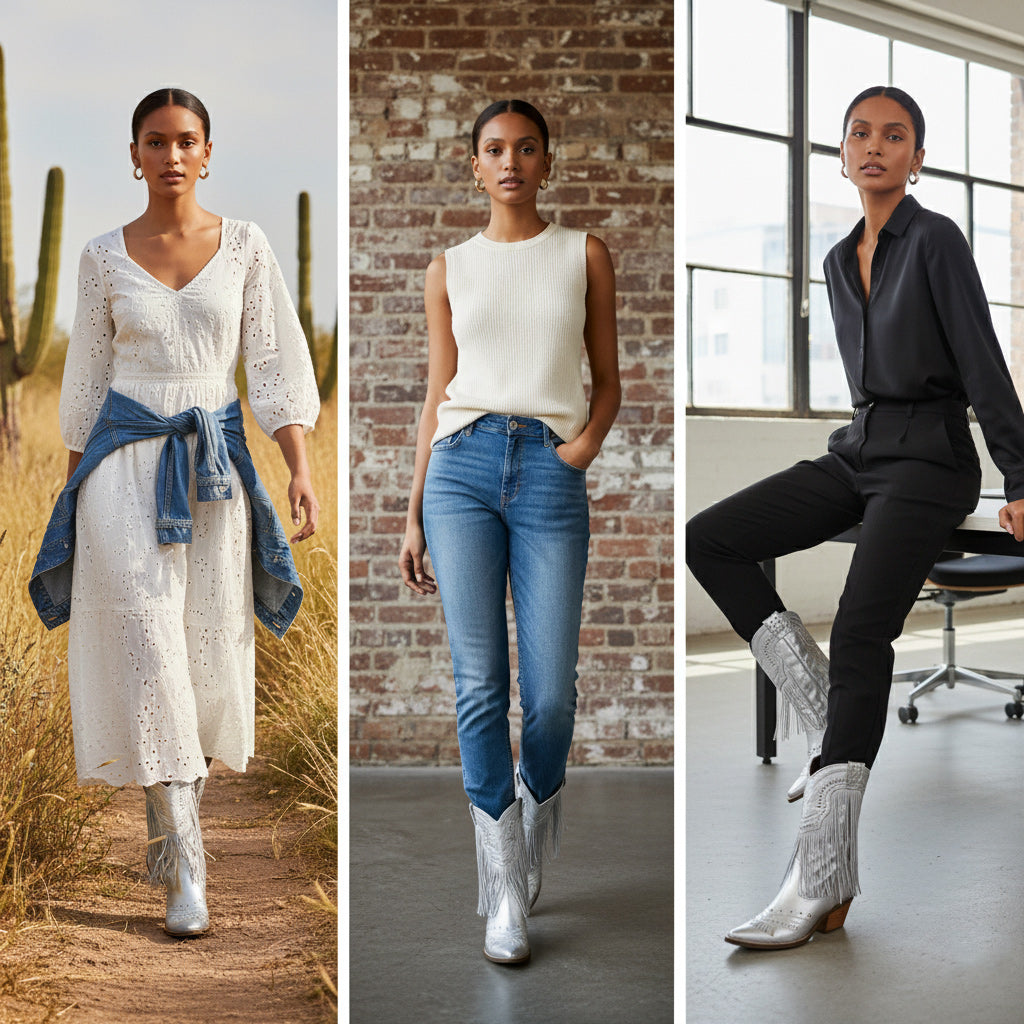 Tuhoomall Western Style Mid Calf Boots with Fringe and Studs - Comfortable Slip-On Design for Parties and Casual Outings Tuhoomall