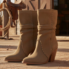 Tuhoomall Western Cowboy Ankle Boots for Women, Stylish Casual Short Boots, Wrinkled Design, Slip-On, Chunky Heel, All-Season Wear