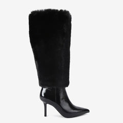 Tuhoomall Knee-High Faux Fur Booties with Zip Closure for Fashion Parties and Performances, Pointed Toe High Heels