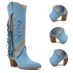 Tuhoomall Faux Suede Pointed Toe Fringe Western Mid Calf Boots for Casual Spring Autumn Winter Wear