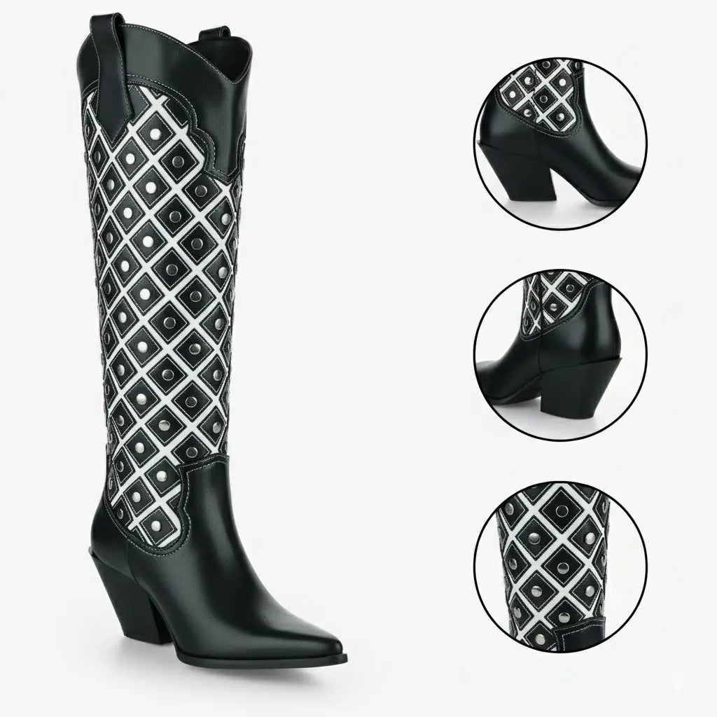 Tuhoomall Western Cowboy Knee High Boots for Fashion, Outdoor, and Casual Wear, Featuring Chic Geometric Patterns and Chunky Heel Design Tuhoomall