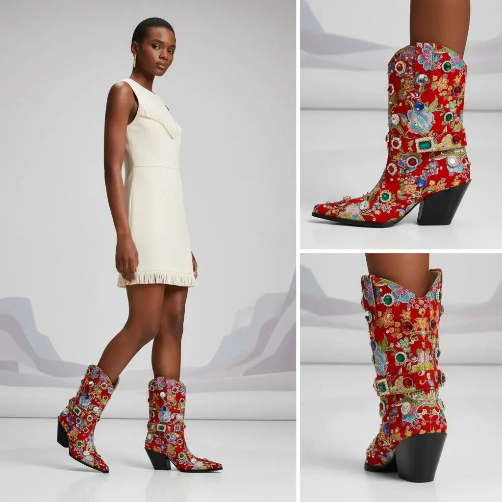 Tuhoomall Western Floral Embroidered Rhinestone Mid Calf Boots for Women, Chunky Heel, Water-Resistant Satin, Stylish for Spring Autumn Winter Tuhoomall