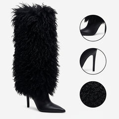 Tuhoomall Knee High Chunky Heeled Boots, Animal Cruelty Free, Elegant Party and Runway Style, Solid Faux Fur Design