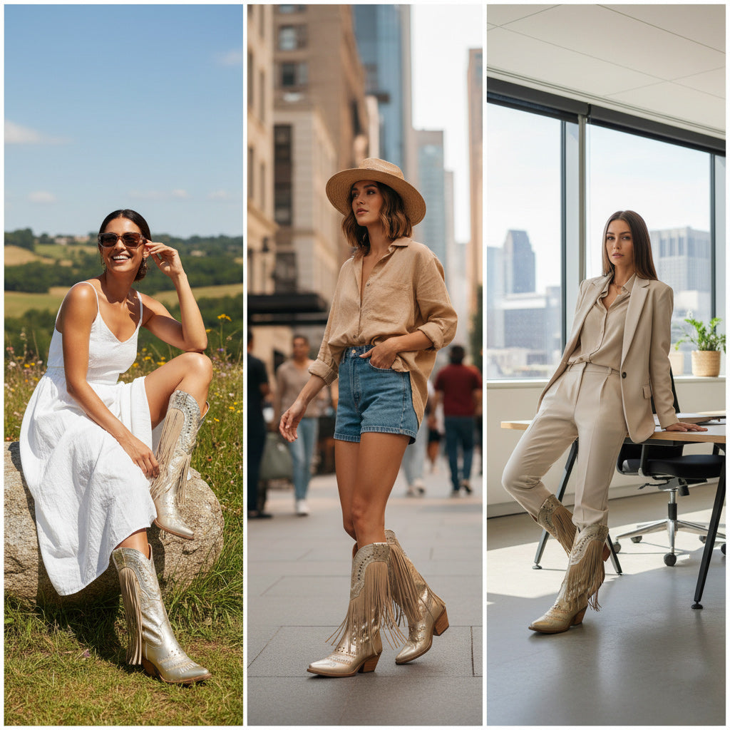 Tuhoomall Western Style Mid Calf Boots with Fringe and Studs - Comfortable Slip-On Design for Parties and Casual Outings Tuhoomall