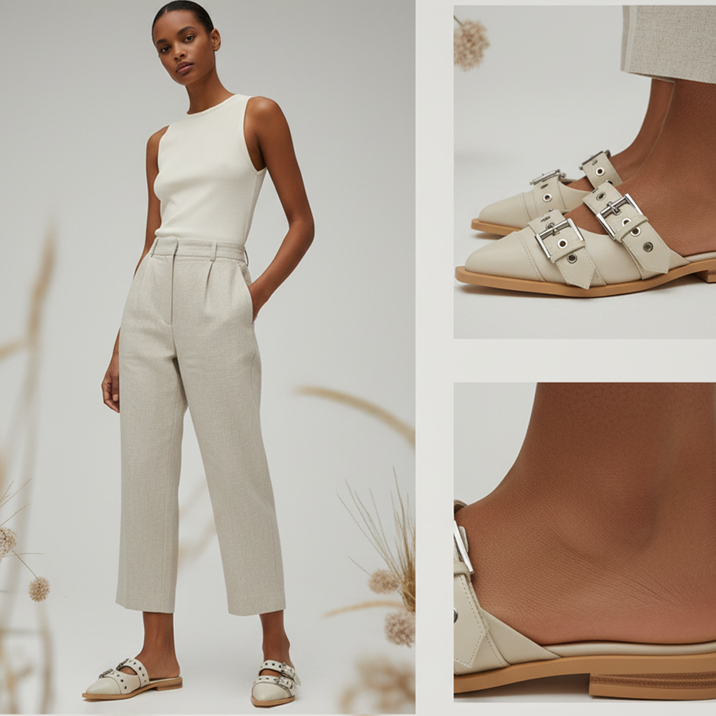 Tuhoomall Comfortable Pointed-Toe Mule Sandals for Summer Travel | Adjustable Metal Button Design | Casual Street Style Tuhoomall