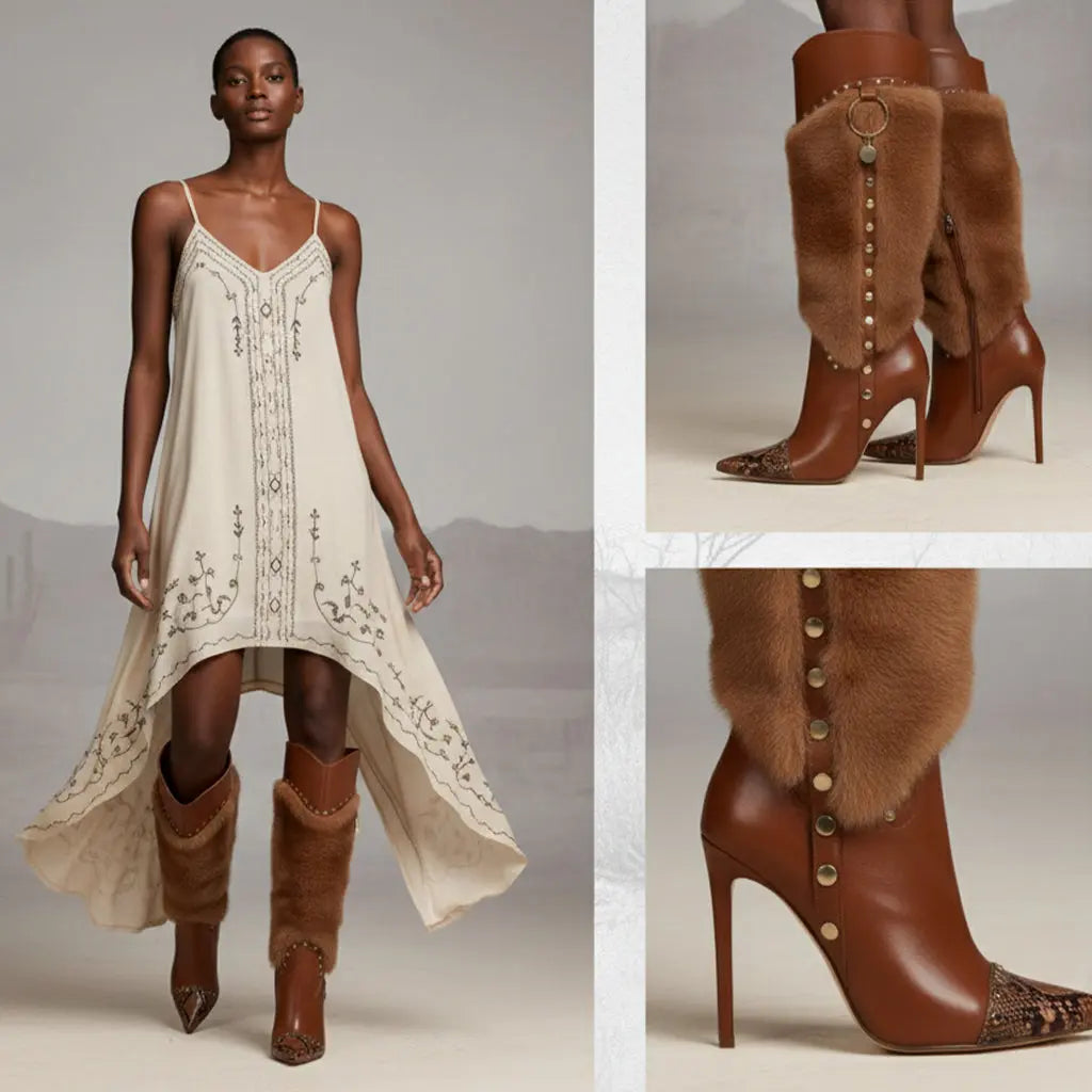 Tuhoomall Heel Fashion Boots for Women, Elegant Pointed Toe High Heels with Studs and Faux Fur, Ideal for Parties and Performances Tuhoomall