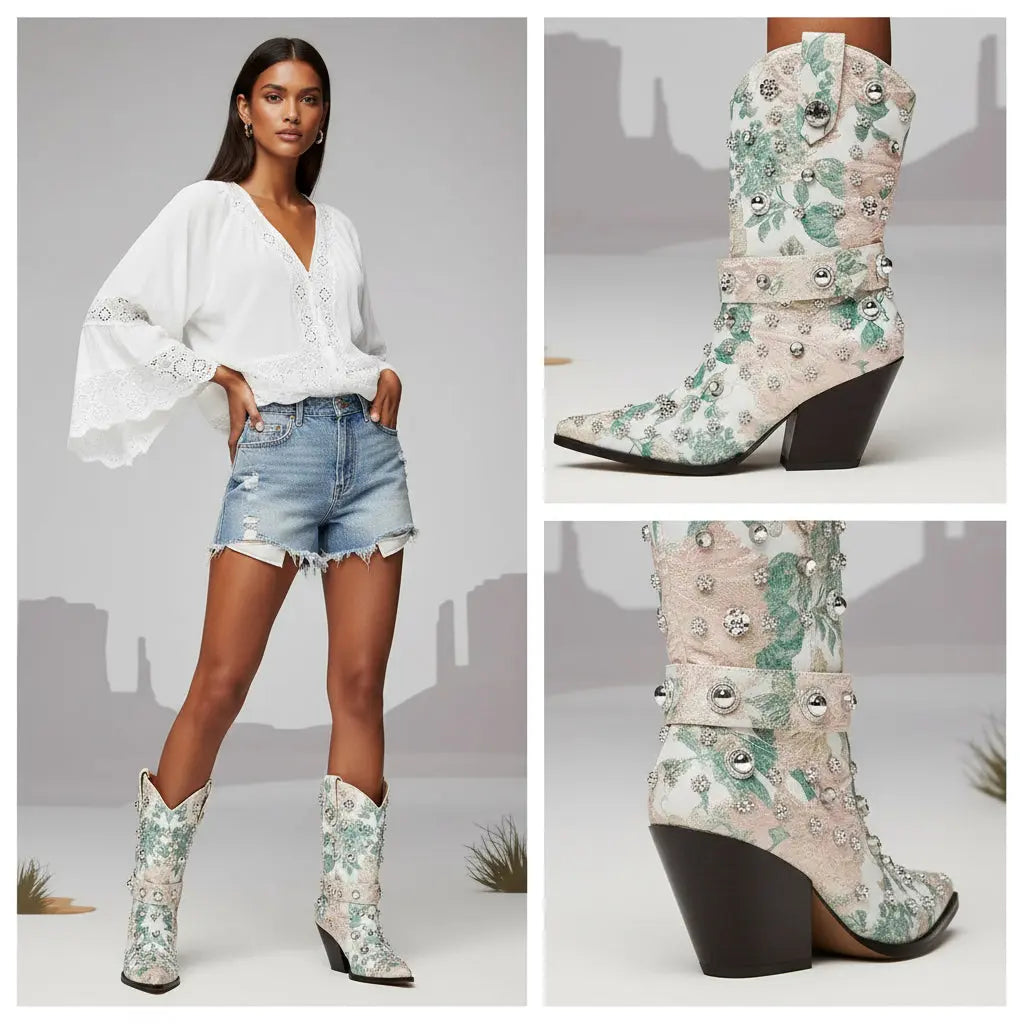 Tuhoomall Western Floral Embroidered Rhinestone Mid Calf Boots for Women, Chunky Heel, Water-Resistant Satin, Stylish for Spring Autumn Winter Tuhoomall