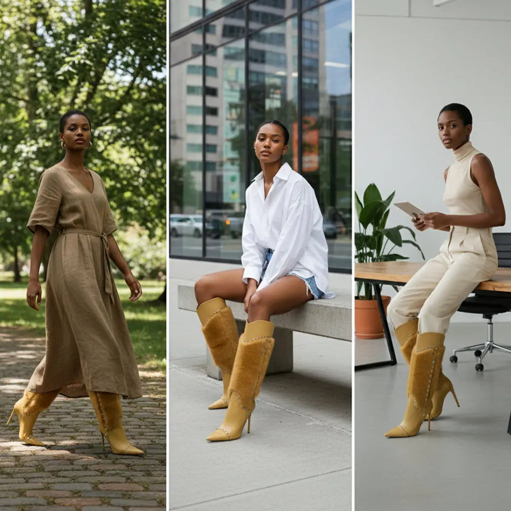 Tuhoomall Heel Fashion Boots for Women, Elegant Pointed Toe High Heels with Studs and Faux Fur, Ideal for Parties and Performances Tuhoomall