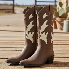 Tuhoomall Western Embroidered Mid-Calf Boots with Chunky Heel Perfect for Fashion and Casual Work Wear