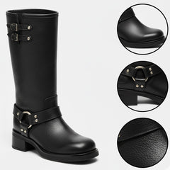 Tuhoomall Comfortable Chunky Heeled Calf-High Boots with Adjustable Buckles for Parties and Performances, Stylish Solid Color Design