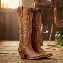 Tuhoomall Western Style Knee High Cowboy Boots with Embroidery for Fashionable All-Season Casual Wear