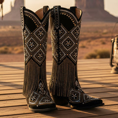 Tuhoomall Western Style Knee High Boots for Special Occasions with Floral, Fringe, and Rhinestone Details – Chic and Stylish Footwear for All Seasons