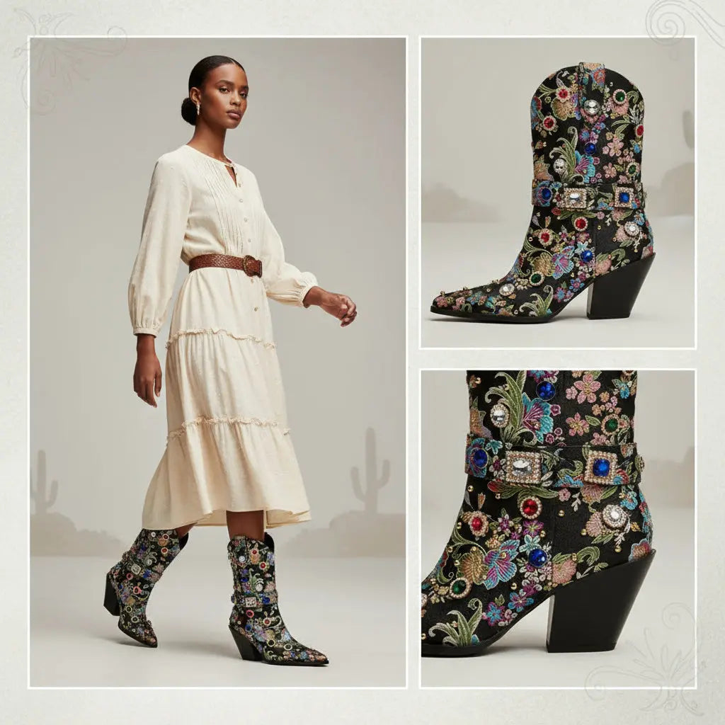 Tuhoomall Western Floral Embroidered Rhinestone Mid Calf Boots for Women, Chunky Heel, Water-Resistant Satin, Stylish for Spring Autumn Winter Tuhoomall