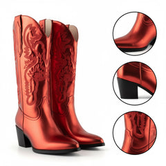 Tuhoomall Western Style Embroidered Mid Calf Boots for Women, Pointed Toe, Chunky Low Heel, Fashionable All-Season Footwear, Perfect for Parties