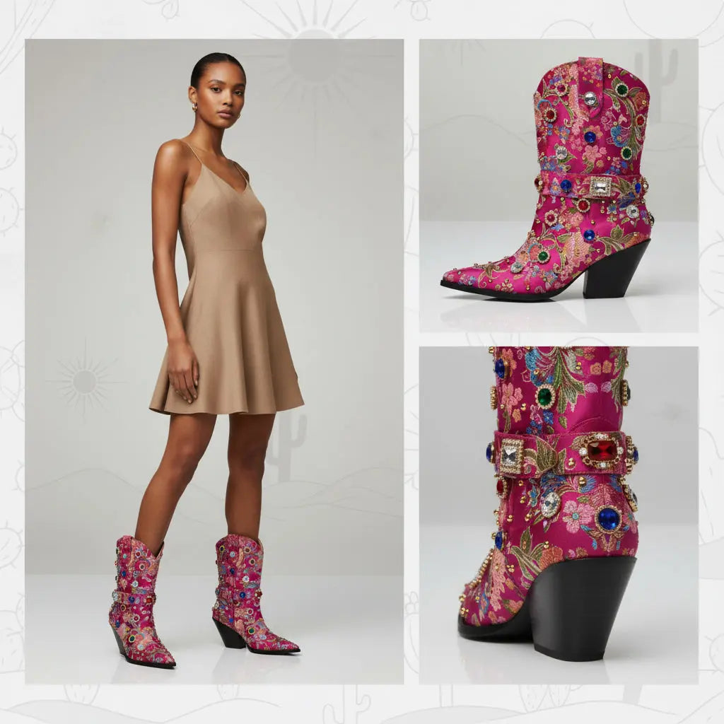 Tuhoomall Western Floral Embroidered Rhinestone Mid Calf Boots for Women, Chunky Heel, Water-Resistant Satin, Stylish for Spring Autumn Winter Tuhoomall