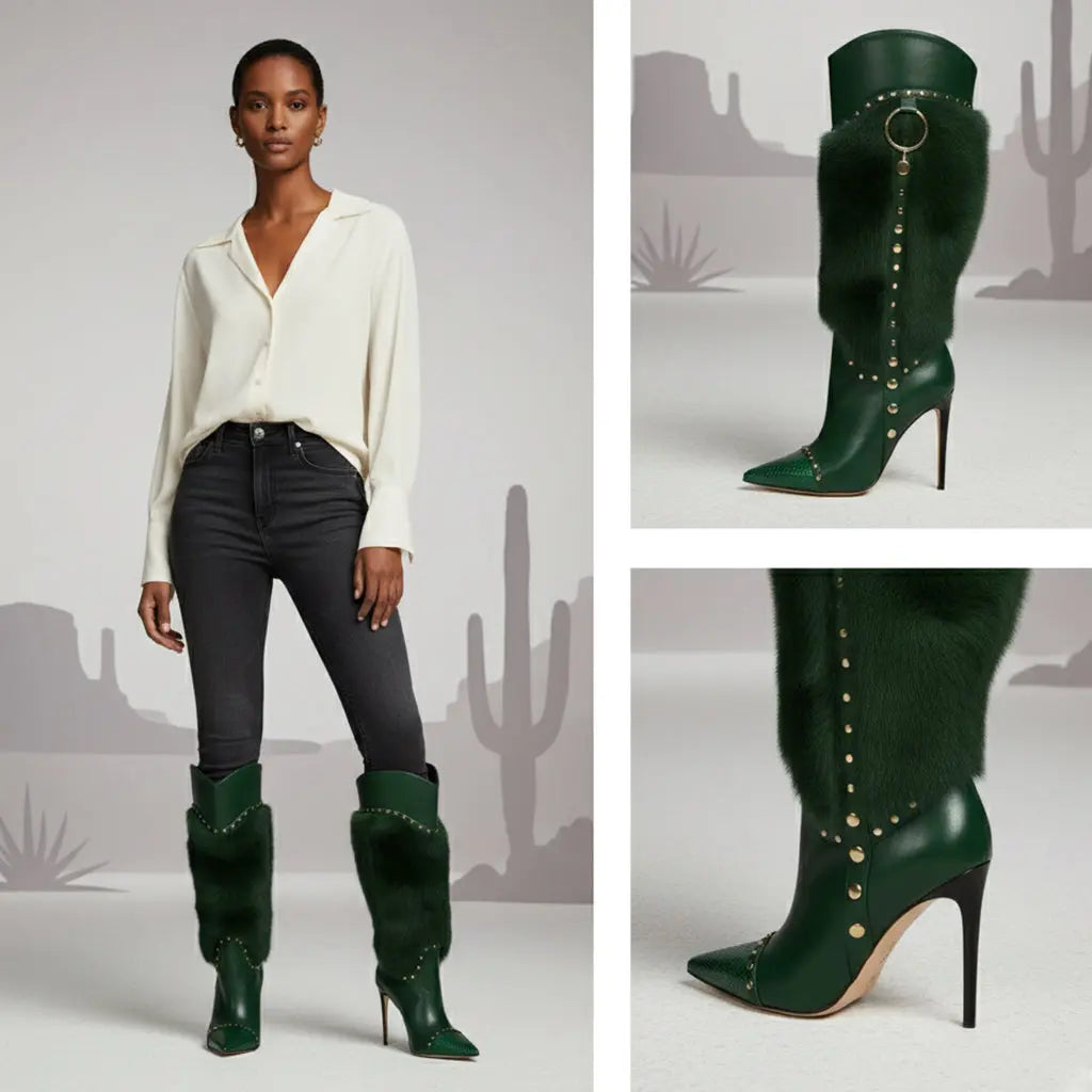 Tuhoomall Heel Fashion Boots for Women, Elegant Pointed Toe High Heels with Studs and Faux Fur, Ideal for Parties and Performances Tuhoomall