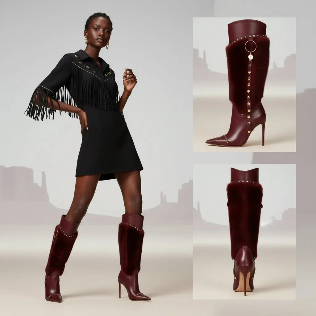 Tuhoomall Heel Fashion Boots for Women, Elegant Pointed Toe High Heels with Studs and Faux Fur, Ideal for Parties and Performances Tuhoomall