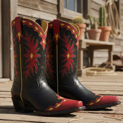 Tuhoomall Western Ankle Boots for Women, Comfortable Slip-On Design, Stylish Floral Embroidery, 4.5cm Block Heel for Year-Round Adventures