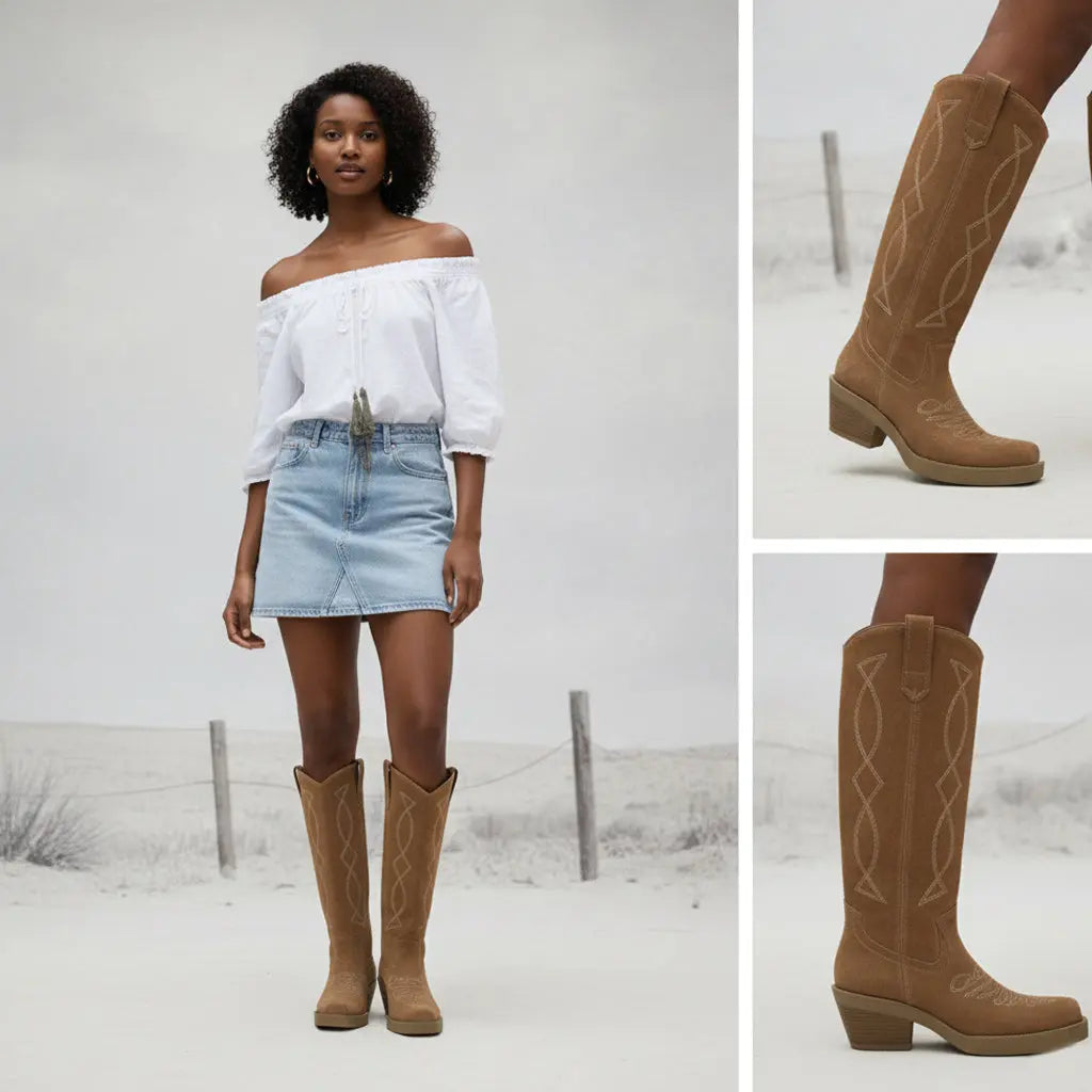 Tuhoomall Western Style Knee-High Cowboy Boots for Women, Casual Vintage Square Toe Chunky Heel, Embroidered Faux Suede, Spring Autumn Winter Tuhoomall