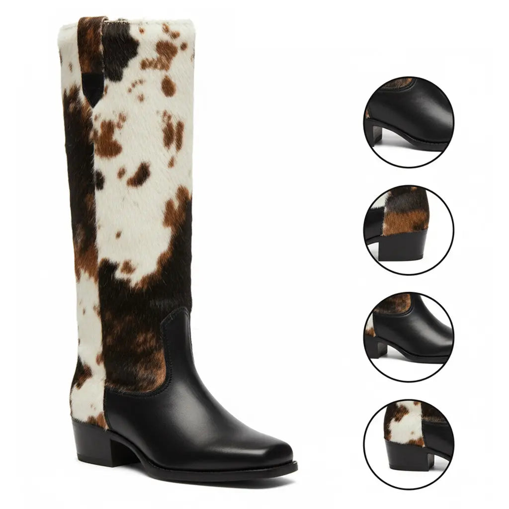 Tuhoomall Knee-High Western Boots for Parties and Special Occasions with Colorful Buckles and Jewel Hardware, Chunky Heel, Stylish Design Tuhoomall