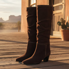 Tuhoomall Fashionable Ruched Knee-High Boots for Women, Chunky Mid-Heel, Casual Chic Style, Versatile All-Season Comfort