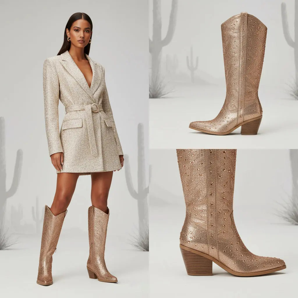 Tuhoomall Rhinestone Western Mid Calf Boots For Women - Chunky Heel & Easy Zip Closure, Stylish For Travel And Weddings Tuhoomall