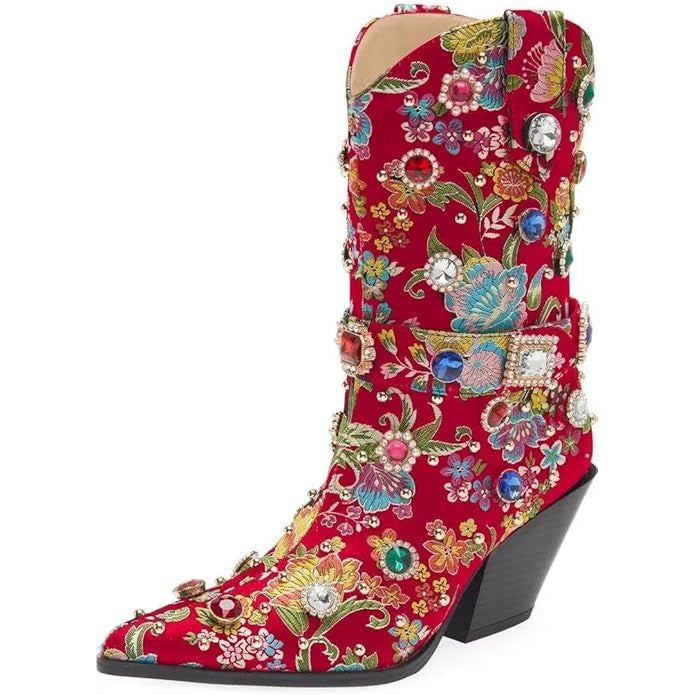 Tuhoomall Western Floral Embroidered Rhinestone Mid Calf Boots for Women, Chunky Heel, Water-Resistant Satin, Stylish for Spring Autumn Winter
