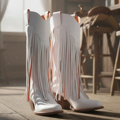 Tuhoomall Western Ankle Boots for Women, Fashionable Chunky Heeled Slip-On Design with Fringe and Letter Pattern, Comfortable All-Season Wear