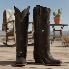 Tuhoomall Western Knee-High Boots With Studs And Embroidery, Casual Fashion For All Seasons, Foldable Design, Chunky Heel, Rubber Sole