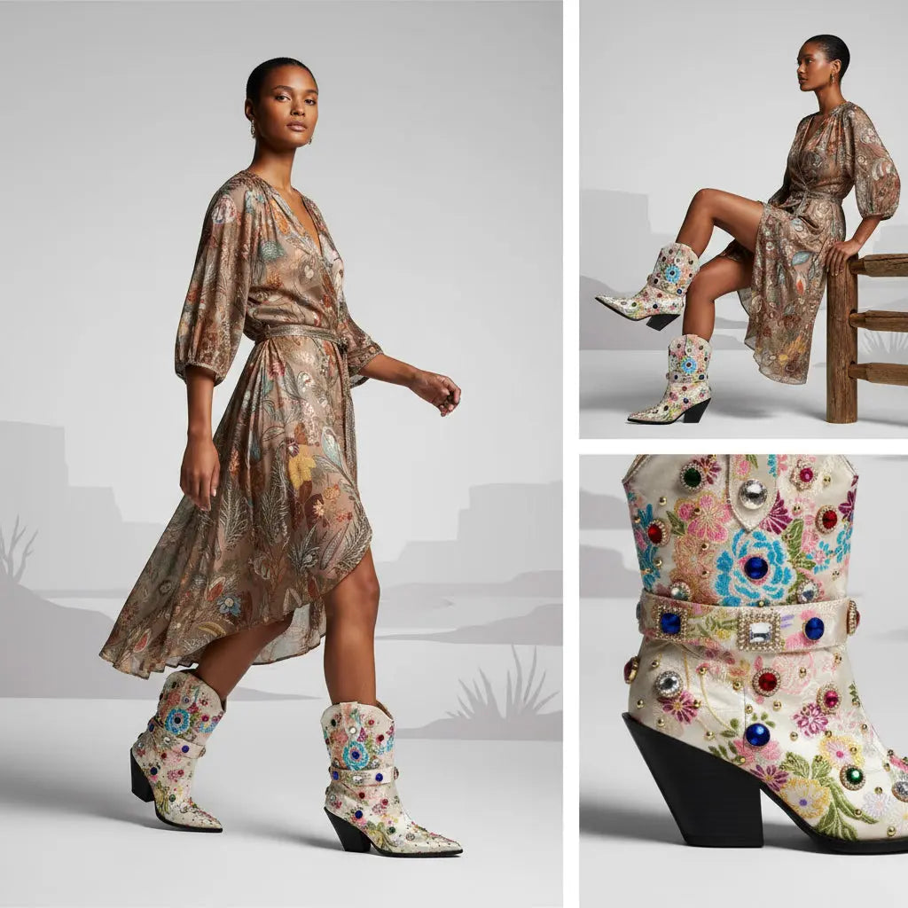 Tuhoomall Western Floral Embroidered Rhinestone Mid Calf Boots for Women, Chunky Heel, Water-Resistant Satin, Stylish for Spring Autumn Winter Tuhoomall