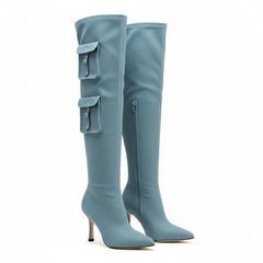 Tuhoomall Over-The-Knee Fashion Boots for Women, High Heels 9.5cm, Zipper Closure, Solid Color with Pocket and Metal Buckle, Perfect for Parties and Performances