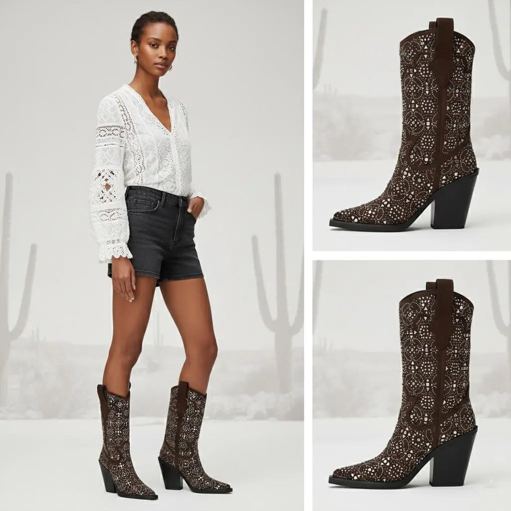 Tuhoomall Western Floral Embellished Mid-Calf Boots for Women, Comfortable Chunky Heel, Perfect for Bohemian Parties and Performances Tuhoomall