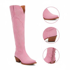 Tuhoomall Fringe Western Knee High Boots for Women, Soft Vegan Suede, Embroidered Design, Perfect for Vintage, Casual, and Party Wear